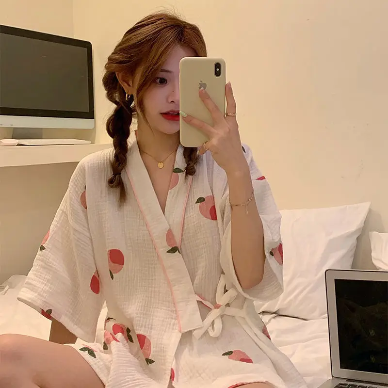 Sweet Peach Kimono Women Korean V-Neck Lace Up Shirts + Shorts Cotton Kawaii Pink Sleepwear Two Piece Pajamas Set Loose White