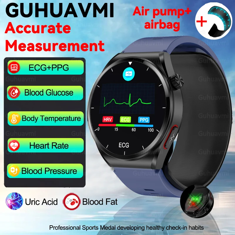 New Precision Blood Pressure Heart Rate Health Smart Watches Air Pump Airbag Uomo Donna Blood Glucomb Lipid Ecg + Ppg Watch Per Ios