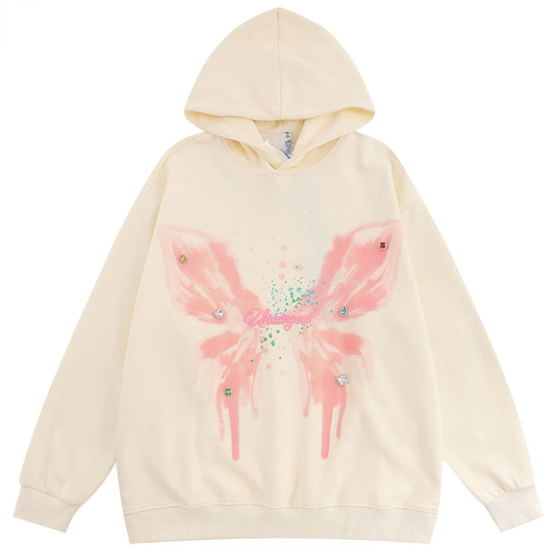 

Hip Hop Hoodie Y2K Streetwear Harajuku Rhinestones Butterfly Graphic Print Hooded Sweatshirt 2023 Punk Loose Oversized Pullover