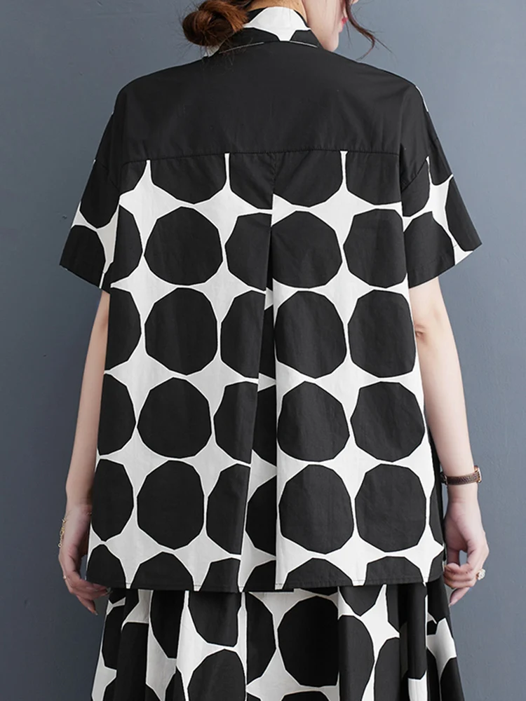 Irregular Polka Dot Print Spliced Vintage Shirt Women Short Sleeve Loose Casual Blouse Top Fashion Clothing New Summer 2025