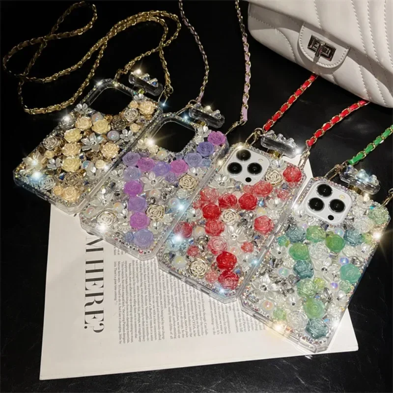 Luxury Bling Rose Flowers Crossbody Diamond Phone Cover For iphone 15Pro 14Plus 13 Pro 12 Mini 11Pro MAX XSMAX XR 7 8 PLUS Case
