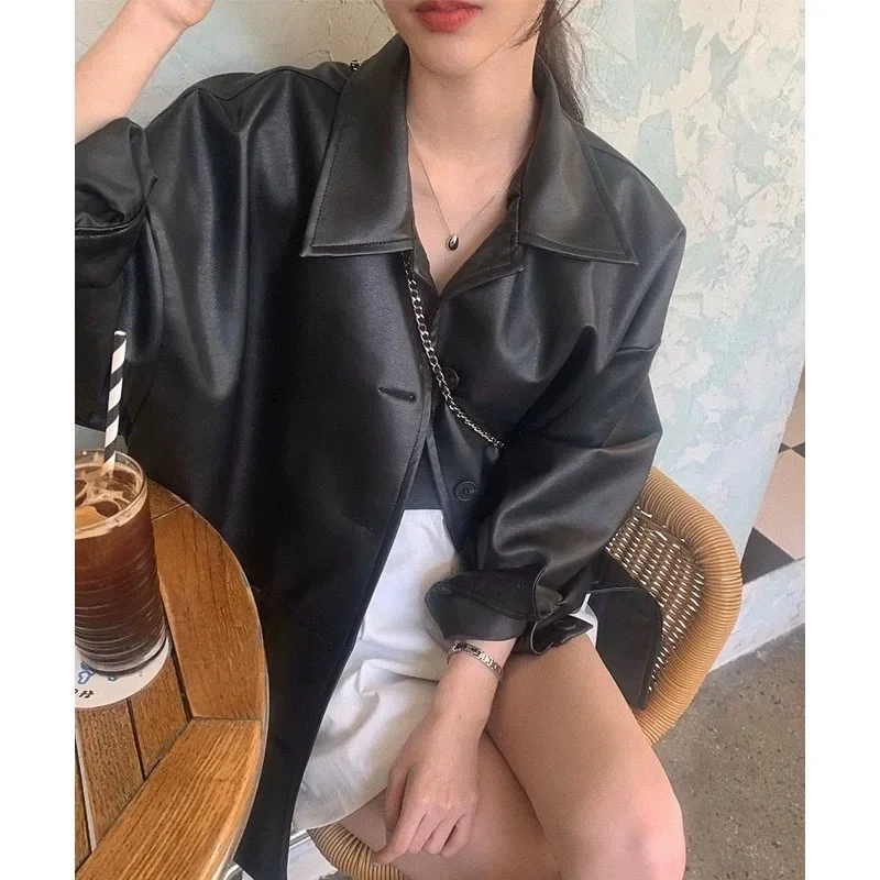 Stylish Korean Lapel Single-breasted Leather Jacket for Women Loose Fit Faux Top Autumn