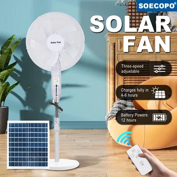 Ventilatore da pavimento solare Ventilatore ricaricabile Pannello da 25 W Carie 5 ore Temporizzazione 12 ore Telecomando e display a LED Ventola di emergenza per interruzione di corrente 1