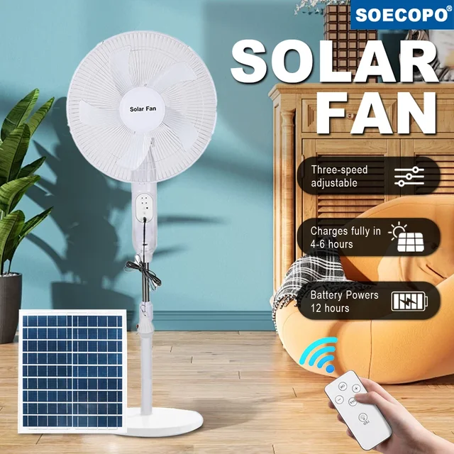 Ventilatore da pavimento solare Ventilatore ricaricabile Pannello da 25 W Carie 5 ore Temporizzazione 12 ore Telecomando e display a LED Ventola di emergenza per interruzione di corrente 1