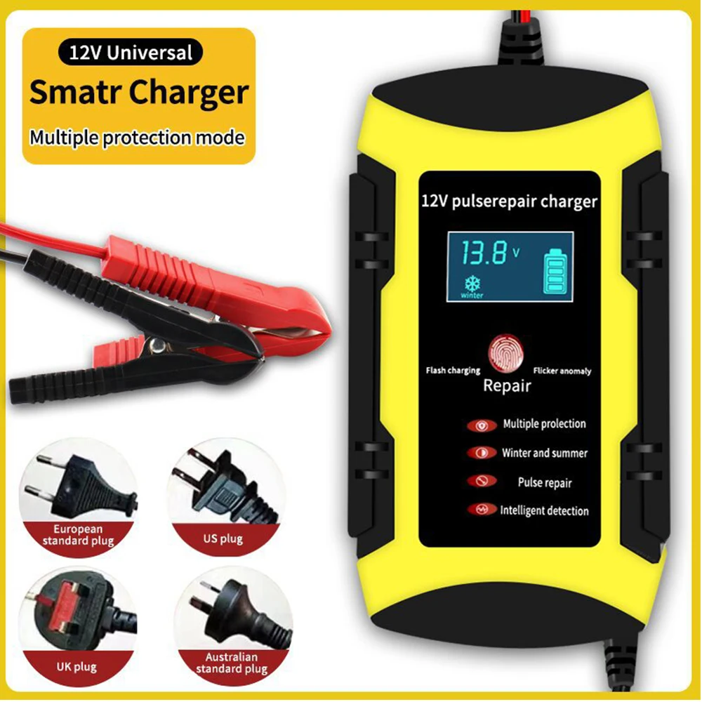 Car Battery Charger Full Automatic 12V 6A Intelligent Fast Charging Pulse Repair Charger for Agm Gel Wet Lead Acid Lcd Display