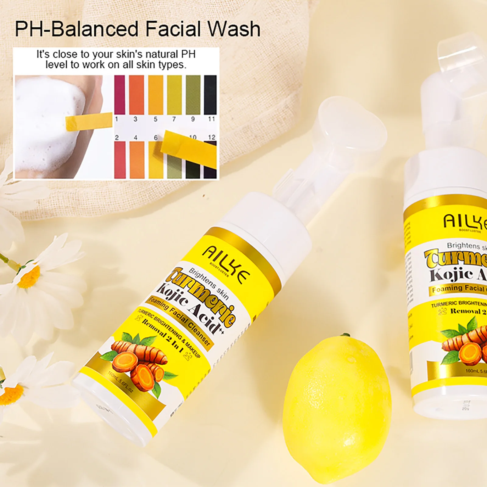 AILKE Turmeric Foaming Face Cleanser, Brightening, Oil Control, Remove Makeup Residue and Acne, for All Skin Types, 160 ml