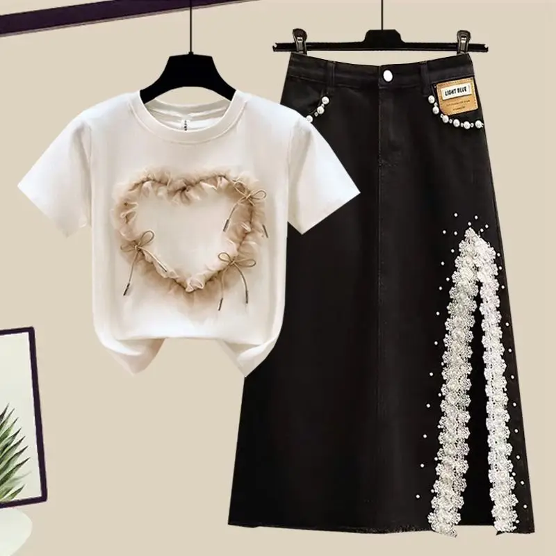 2024 Summer New Set Skirt Fashionable Short Sleeved Top Split Denim Skirt Slim and Elegant Women's Two Piece Set