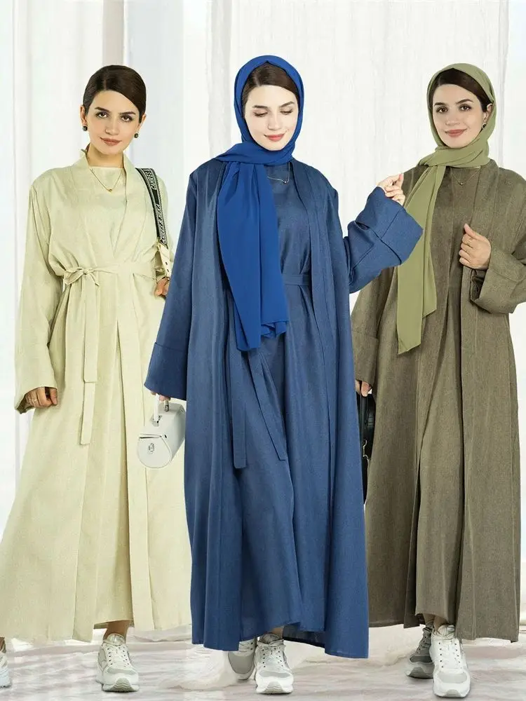 Dubai abaya caftan sets with Islamic coats for women, modest solid kimono, Islamic caftan robe, similar to cotton and linen, Ramad...