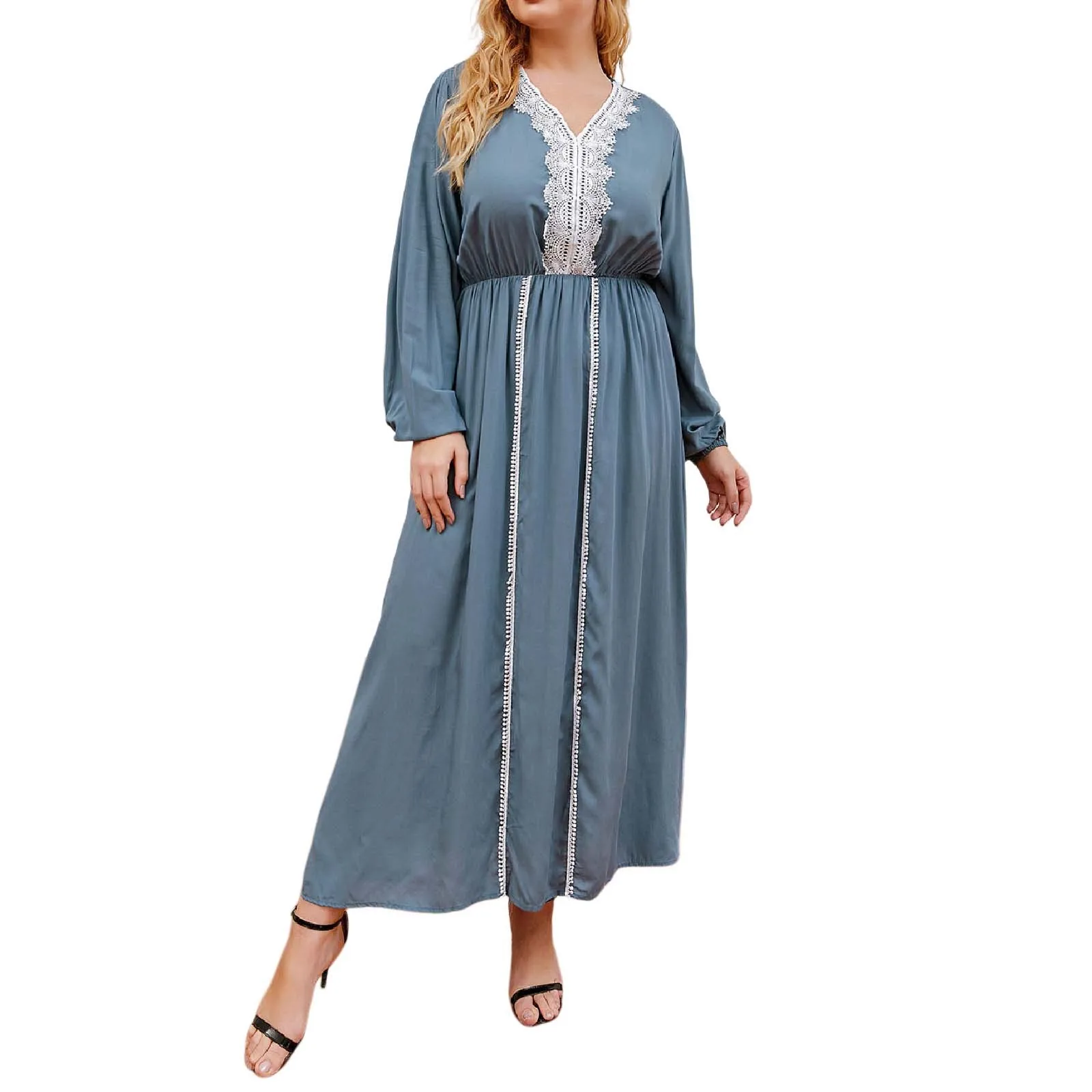 

Платье женское шифоновое в мусульманском стиле, Длинное свободное повседневное мини-платье с V-образным вырезом, оборками и кружевом в стиле пэчворк, без рукавов