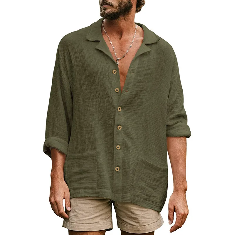 European and n men's loose and large size casual lapel long-sleeved shirt, men's pure color comfortable shirt
