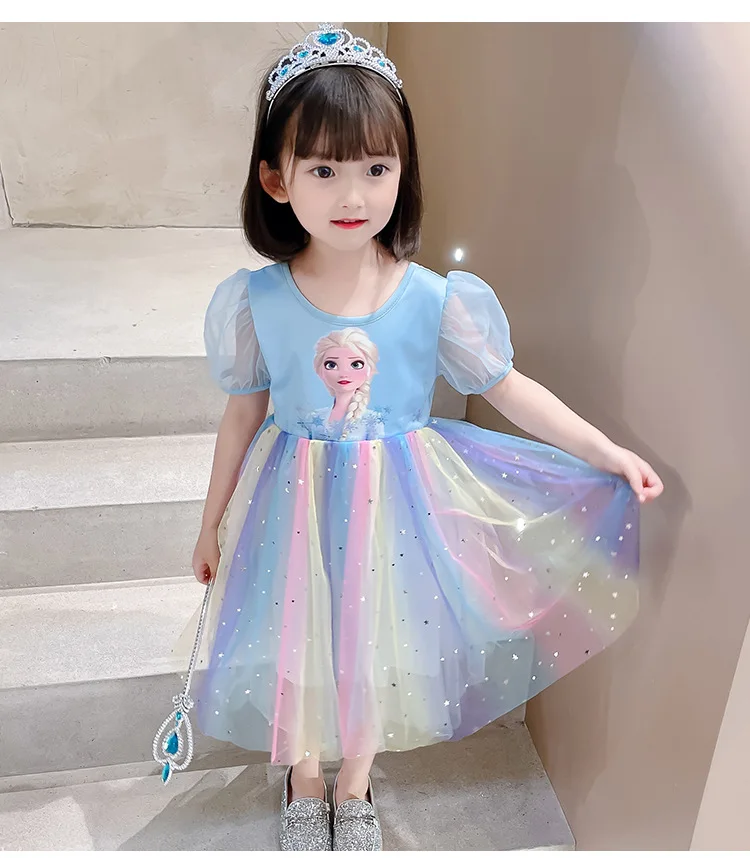 Girls Aisha Princess Dress Frozen Summer Children Rainbow Short Sleeve Dresses Baby Girl Cartoon New Fashion Elsa Clothing western dress