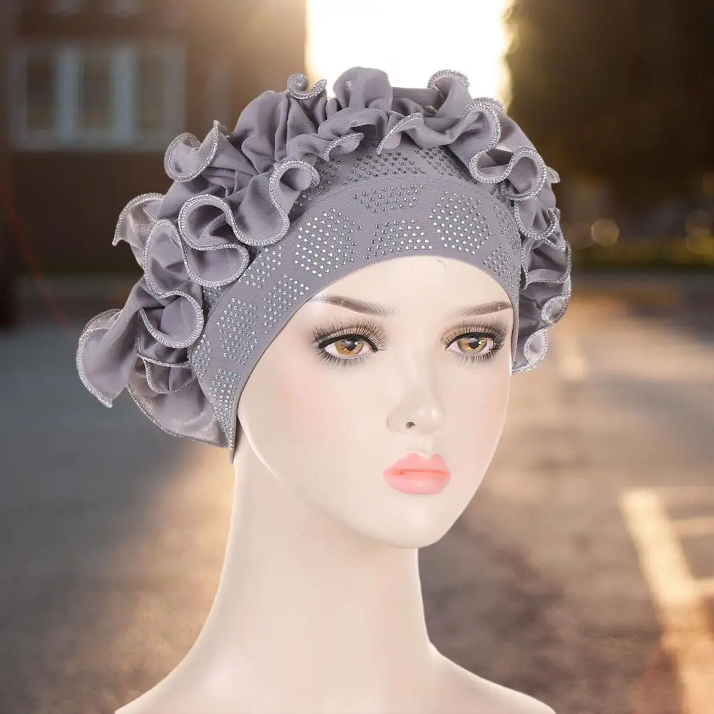 

Solid Color Turban Hat Women Turban Hat Elegant Hot Drilling Flower Trim Turban Hat for Women Soft Bonnet Head Scarf