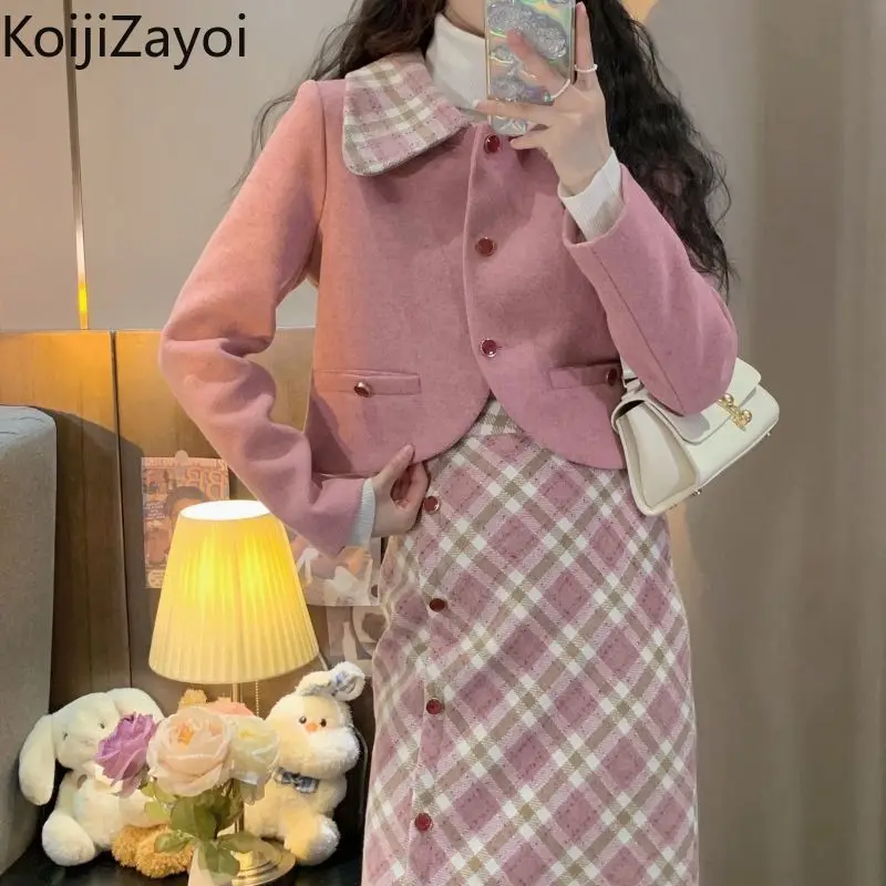 

Koijizayoi Sweet Women Two Pieces Set Plaid Blazer Lady Spring Autumn Blazer Retro High Waist Long Skirt Outfits 2 Pieces Set