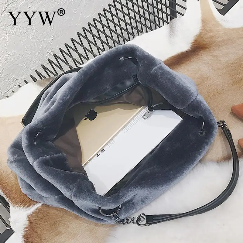 Large Capacity Designer Faux Fur Tote Handbags for Women PU Leather Top Handle Winter Warm Plush Bags Ladies Shopping Purse Bag