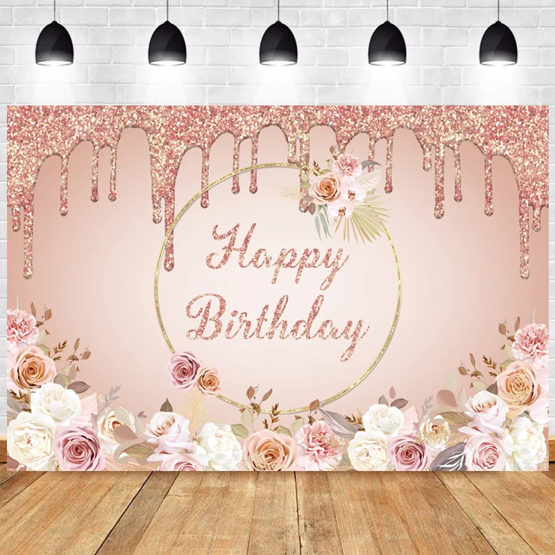 

Розовый Золотой Фон для фотосъемки на день рождения с изображением женщины с днем рождения с цветами кругом фотография Фон баннер декоративный реквизит
