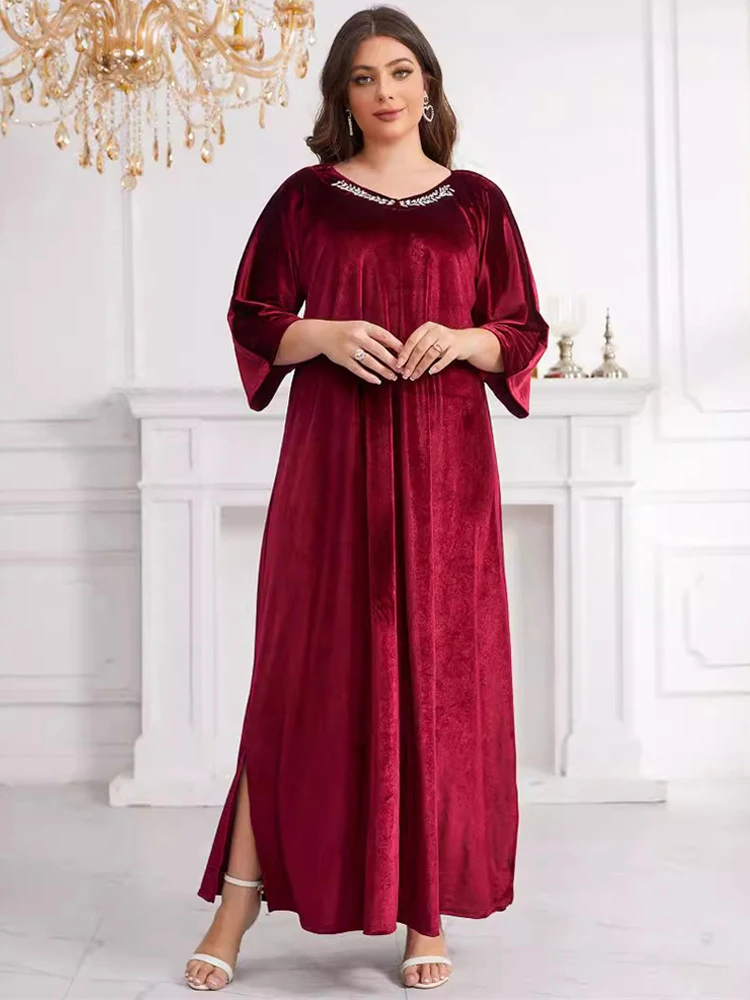 2024 Abaya Muslim Woman Dubai Luxury Velvet Long Sleeve Dresses Wedding Party Evening Gown Islamic Clothing Robe Femme Musulmane