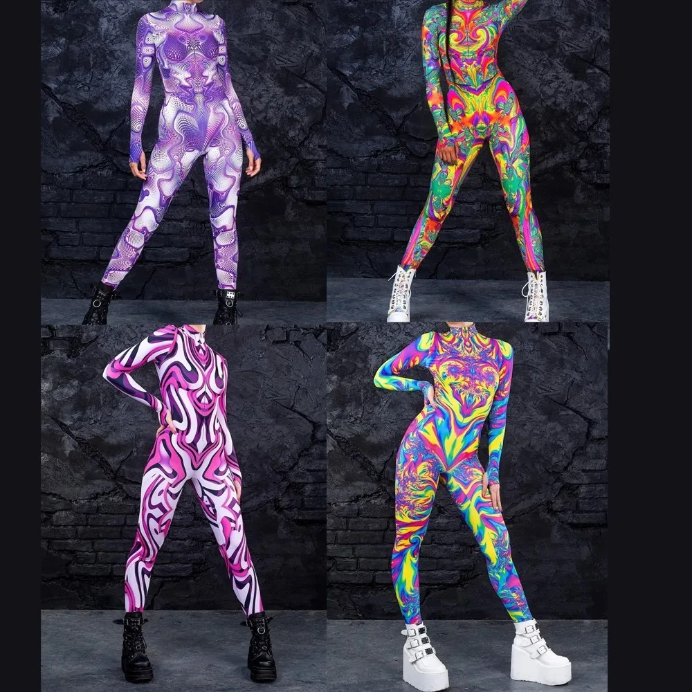 Cosplay Costume Women Romper Jumpsuit Multicolour Printing Holiday Party Women Kids Rainbow Sexy Skinny Jumpsuit Wear Onesie Cosplay Costume Elastic Bodysuits Rompers