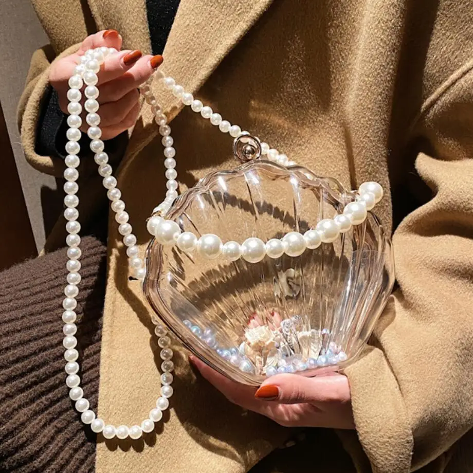 Transparent Acrylic Shell bag PVC Women&rsquo;s Designer Handbag Pearl strap Shoulder Messenger Clutch Bag