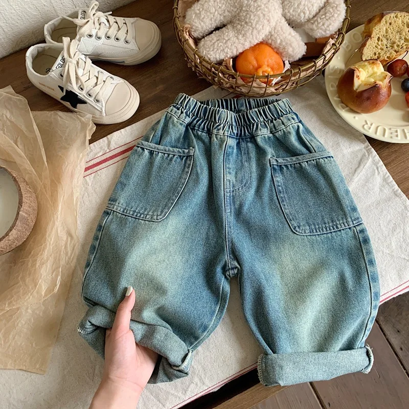 

2023 Autumn Kids Pants vintage girls loose denim trousers boys fashion all-match jeans