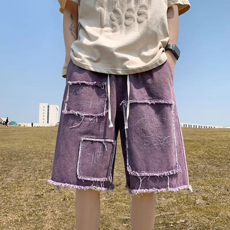 

Summer Thin Ragged Denim Shorts Trendy Men's Patch Graffiti Capris Loose Size Hong Kong Style Trendy Middle Pants Men's