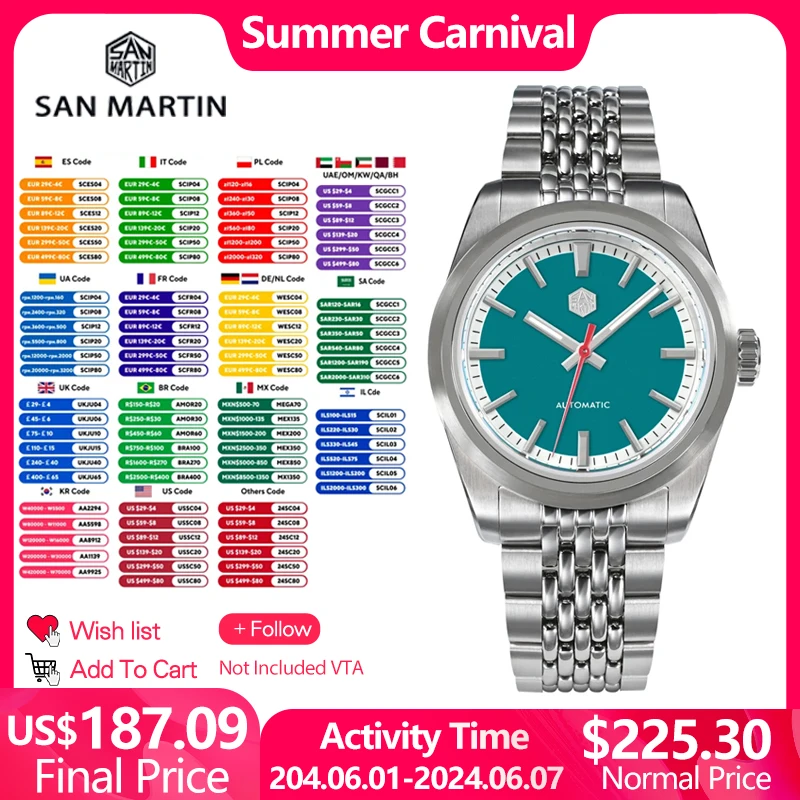 San Martin 남성용 자동 기계식 무브먼트 시계, 럭셔리 사파이어 야광, 방수 200m 손목시계, 37mm, SN0106, NH35