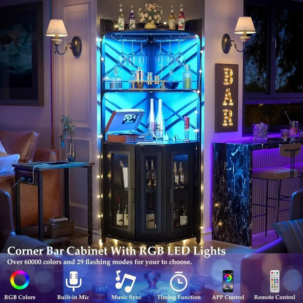 Corner Bar Cabinet with Power Outlet, Industrial Wine Cabinet with LED Strip and Glass Holder, 5-Tiers Liquor Bar