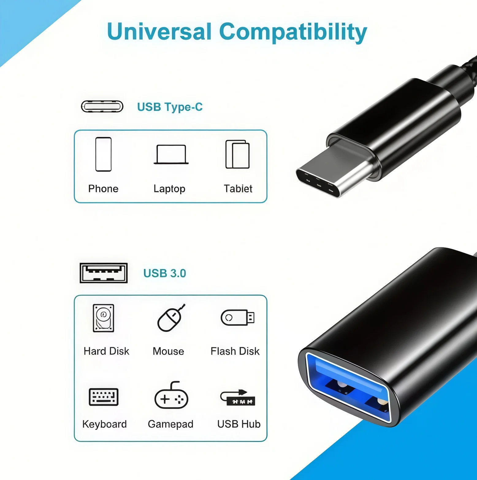 ? USB-USB 어댑터, 단방향 C형(수) - USB 2.0 OTG 휴대용 케이블 변환기 포함