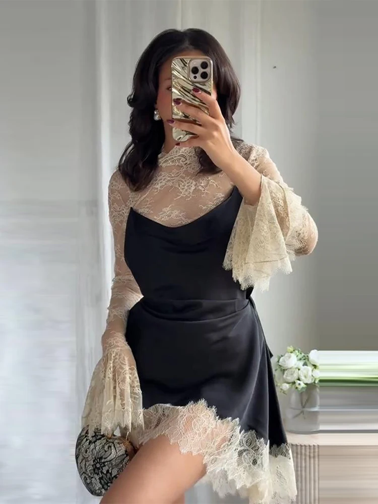 Sexy Lace Sling Patchwork Mini Dress Women Fashion Flare Sleeve Half High  Neck Waist-cinching Dresses Female Chic Elegant Robes - AliExpress 200000345
