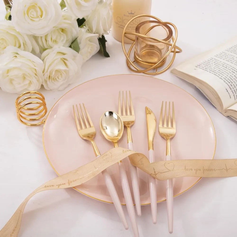 I00000 300 Pack Gold Plastic Silverware with Pink Handle, Pink Plastic Silverware Set, Kitchen Utensils- 100 Forks, 100 Kni
