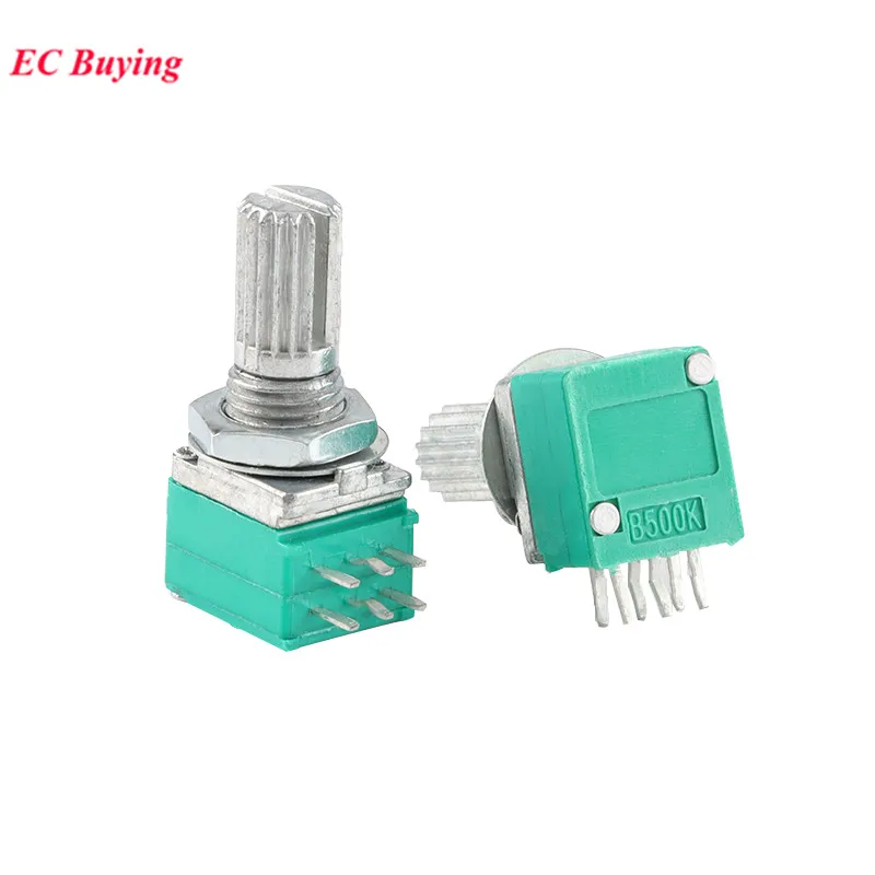 5pcs Double Potentiometer 6PIN RK097G B1K B5K B10K B20K B50K B100K B500K 1K 5K 10K 20K 50K 100K Ohm Handle 15mm Audio Amplifier