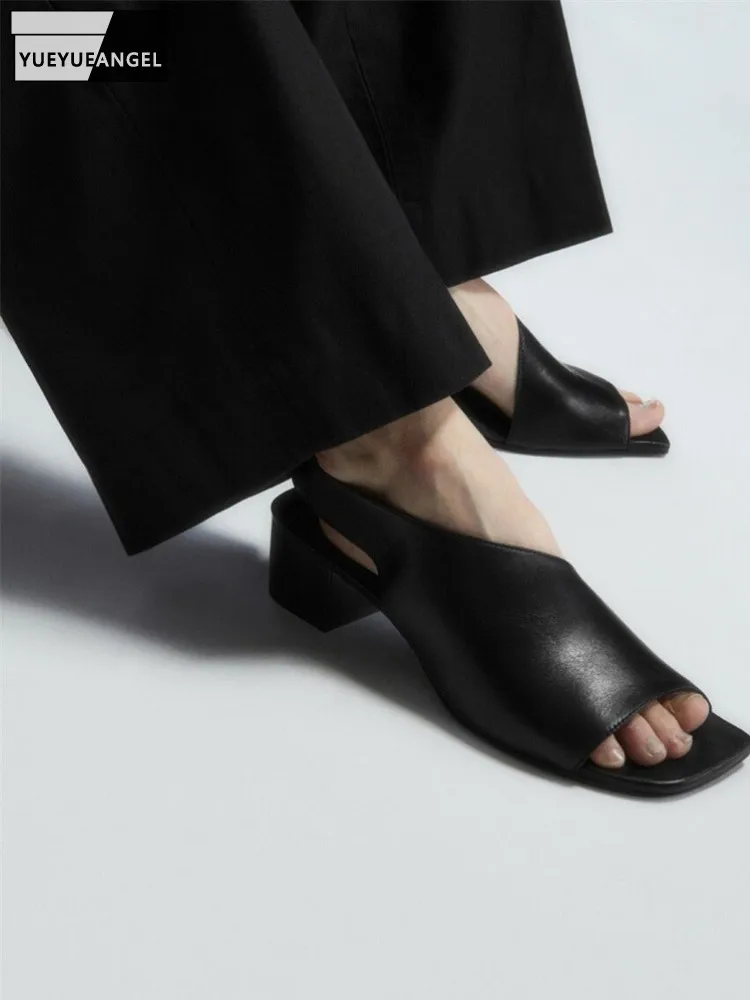 

Fashion Designer New 2023 Summer Women Sheepskin Genuine Leather Sandal Slip-On Open Toe Black Casual Shoes Chunky Heels Sandals