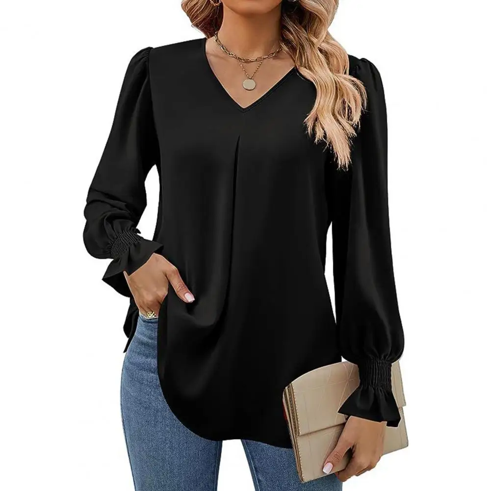 

Women V-neck Shirt Soft Commute Lady Blouse Elegant V-neck Pullover with Ruffle Sleeves Stylish Solid Color Shirts for Women