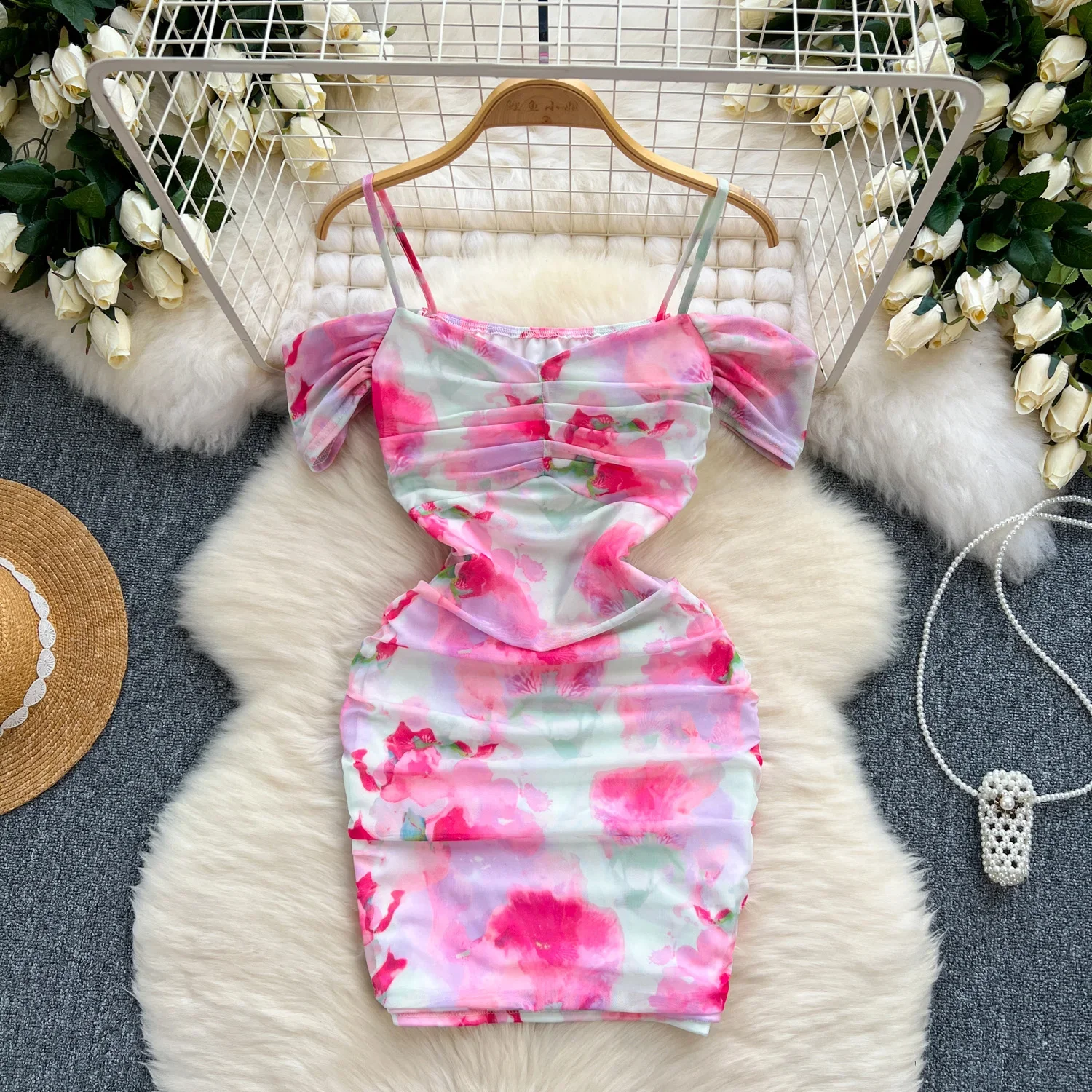 

Sexy Off Shoulder Irregular Floral Print Fold Slip Dress Women Summer Chic Elegant Slim Hip Wrap Evening Party Club Sling Dress