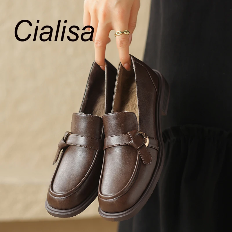 

Cialisa Casual Loafer 2023 Autumn Winter Round Toe Genuine Leather Flats Comfortable Handmade Women Shoes Daily Lady Footwear 40