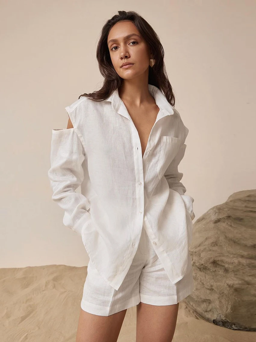 Marthaqiqi Cotton Ladies Pajama Set Turn-Down Collar Sleepwear Long Sleeve Nightwear Shorts Casual Female Nightgown 2 Piece Suit