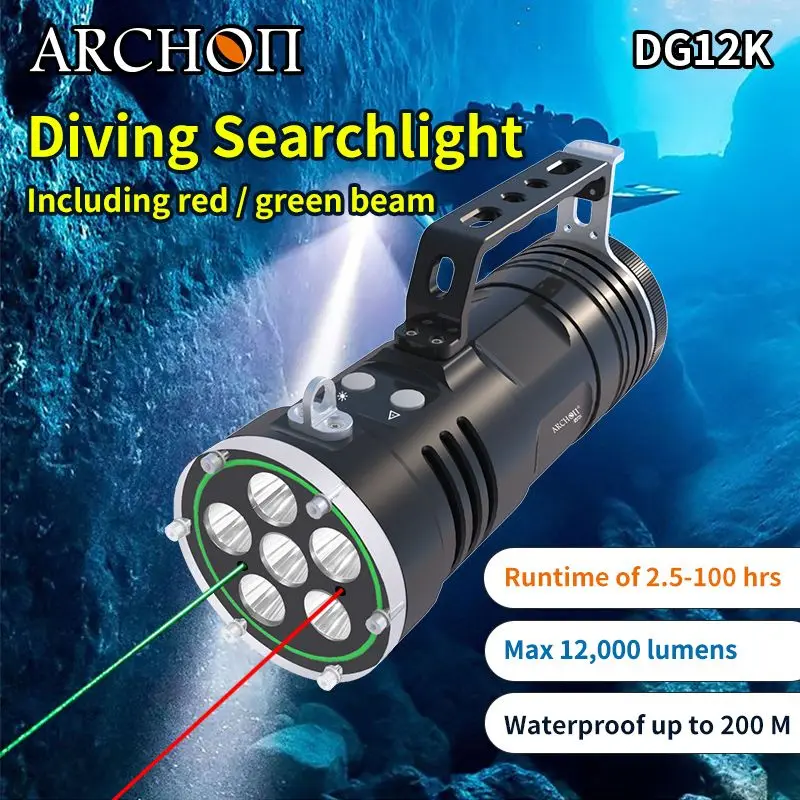 ARCHON DG12K Diving Searchlight Red Green Light Max Bright 12000 Lumen 200m Underwater Waterproof Dive Search Rescue Torch Light