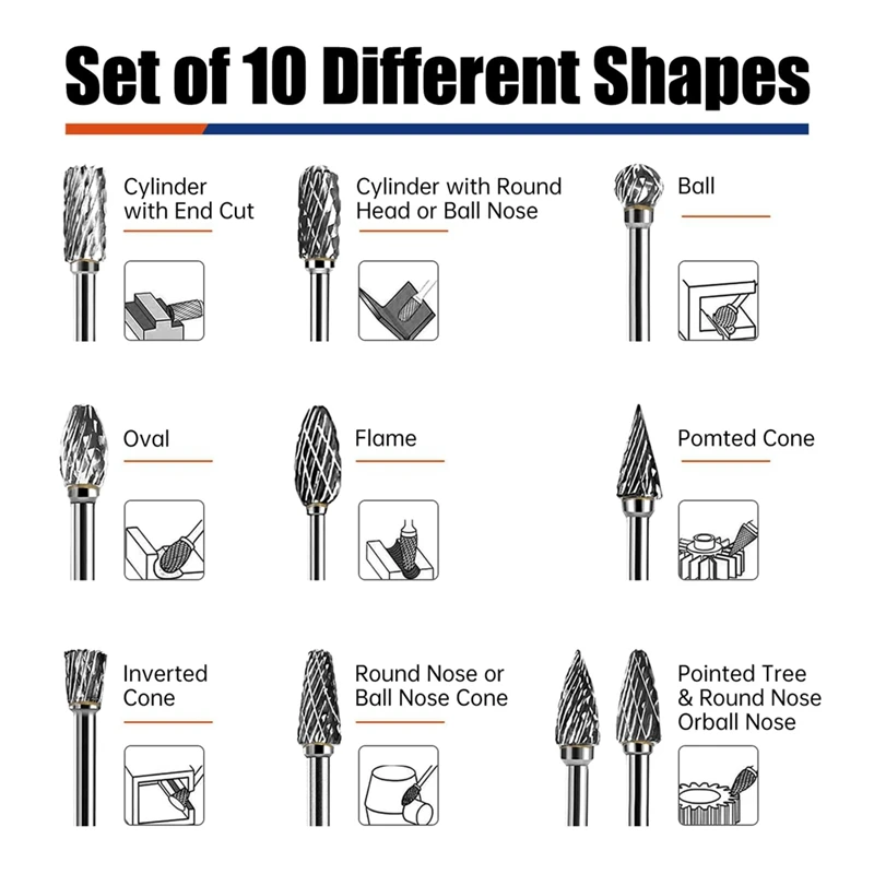 T84C-10Pcs Carbide Burr Bits Set Compatible With 1/8Inch, Rotary Tool Bits With Double-Cut Design,For Metal Wood Stone Steel