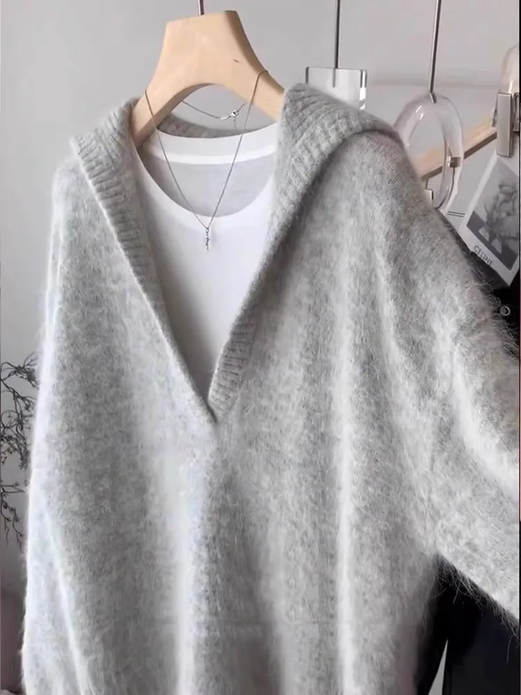 Advanced Gray Alpaca Wool Sweater Women'S Autumn And Winter Big Collar V-Neck Fluffy Loose Casual Top 3