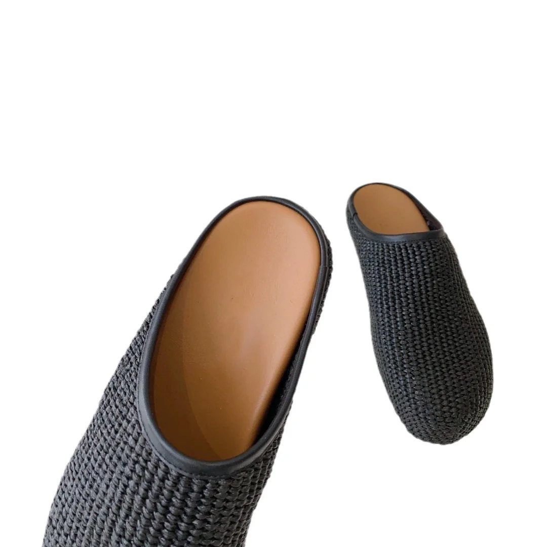 New Couple Big Head Flat Bottom Slippers Cunning Baotou Knitted Half Tuo Men's and Women's Round Head Casual Single Shoes Trend