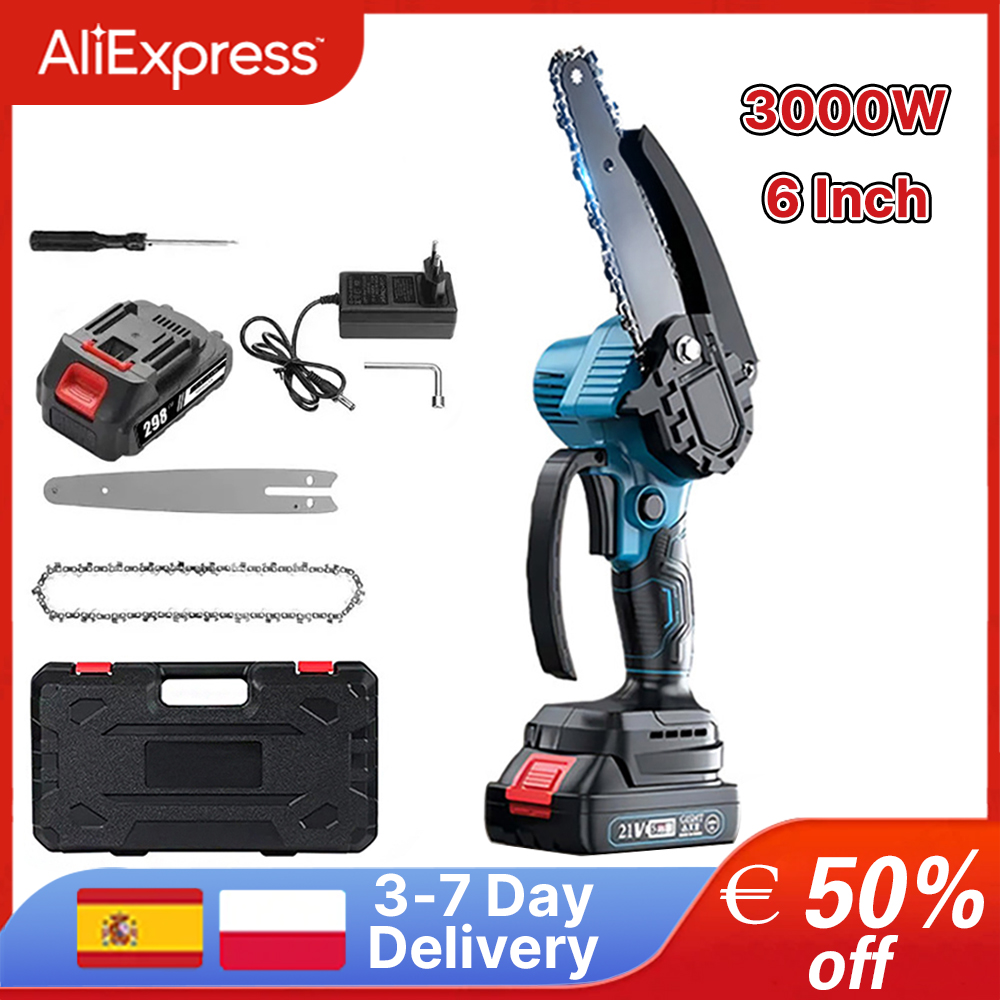 3000W 6Inch Electric Chain Saw Handheld Portable Mini Chainsaw Tree Wood Cutter Pruning Garden Power Tool For Makita 18V Battery