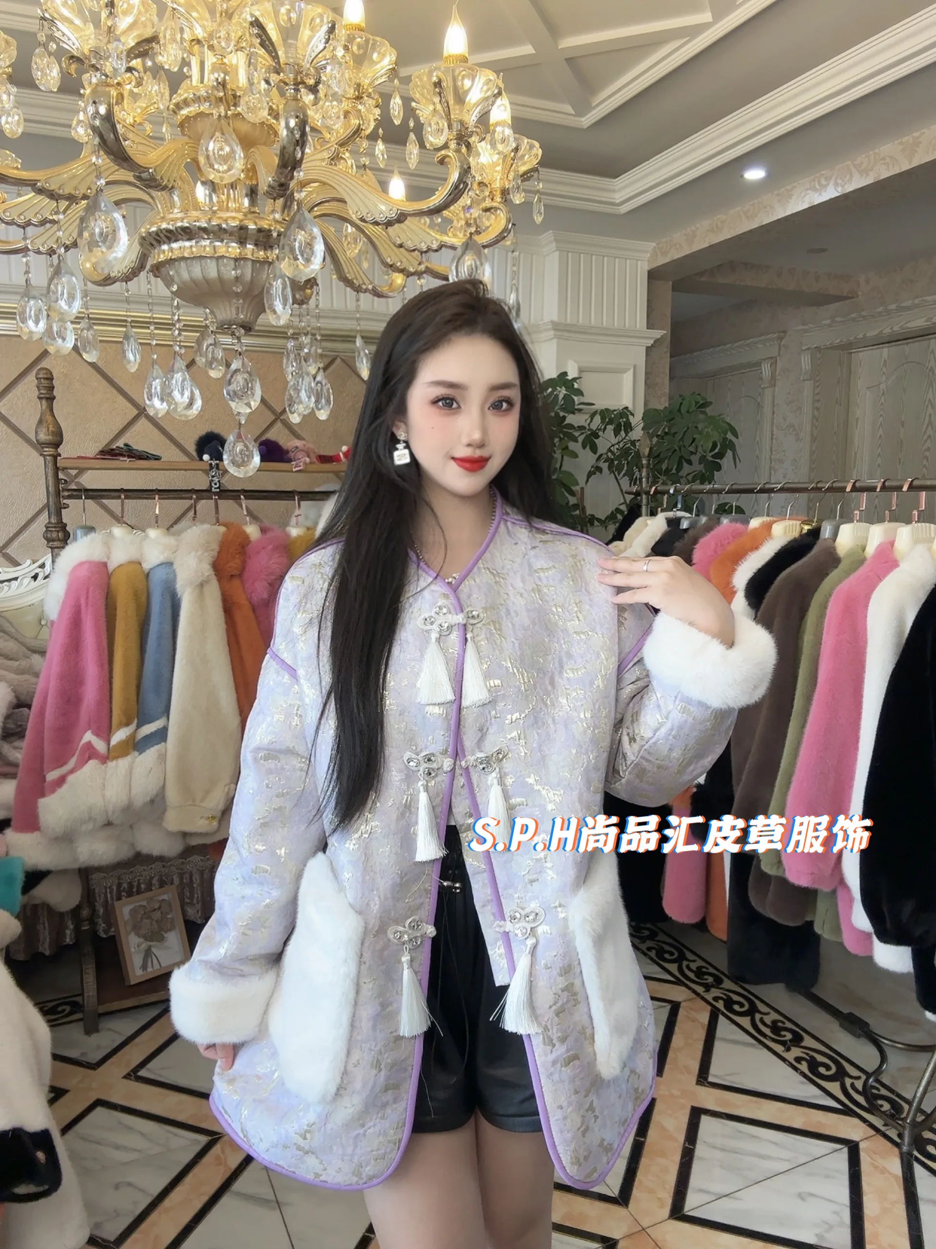 Elegant Fashion Long Sleeve Round Neck Women's Coat 2023 Winter Chinese Style Thick Fleece-lined Slim Fit Warm Faux Fur Coat