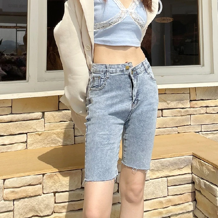 Summer Plus Size Black Tassel Stretch Jean Shorts Women Denim Knee-Length Pants Blue Jeans Casual High Waist Shorts Streetwear leather shorts