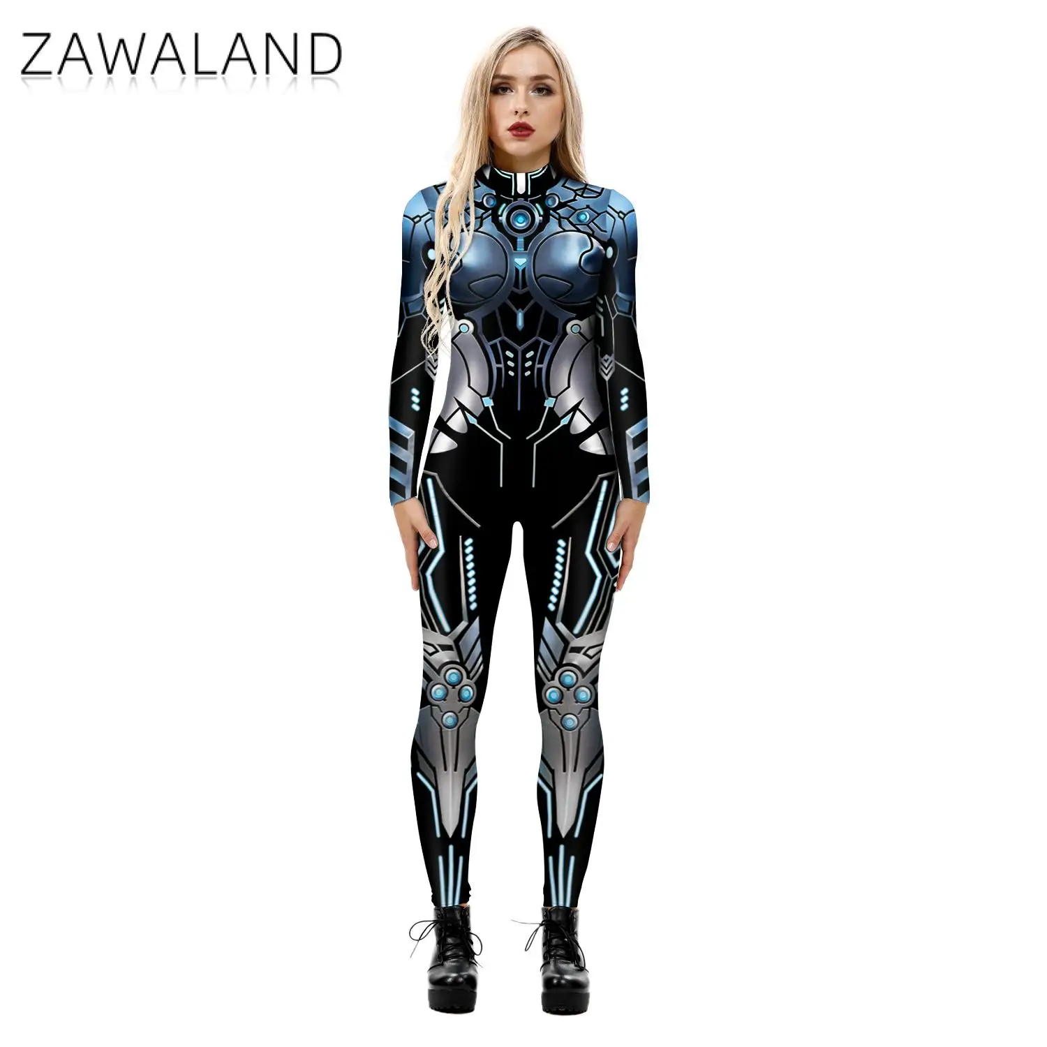 Zawaland Halloween Cyberpunk Steampunk Robot Machine 3D Printed Cosplay Costumes Punk Jumpsuit Zentai Women Bodysuit Fancy Dress cosplay costume