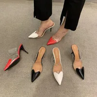 2024Patent Leather PVC Pumps Stiletto Sandals Pointed Toe  Straps Heart Detailing at the Toes High Heel Slippers Wedding Shoes - Image 6