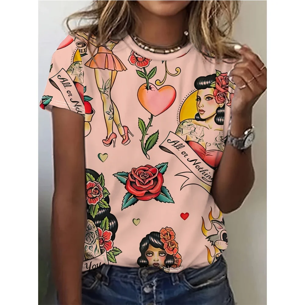 

Women's T-Shirts Cartoon Characters 3d Print Rose T-Shirt Harajuku Casual Short Sleeve Top Tee O Neck Oversized Female Clothing
