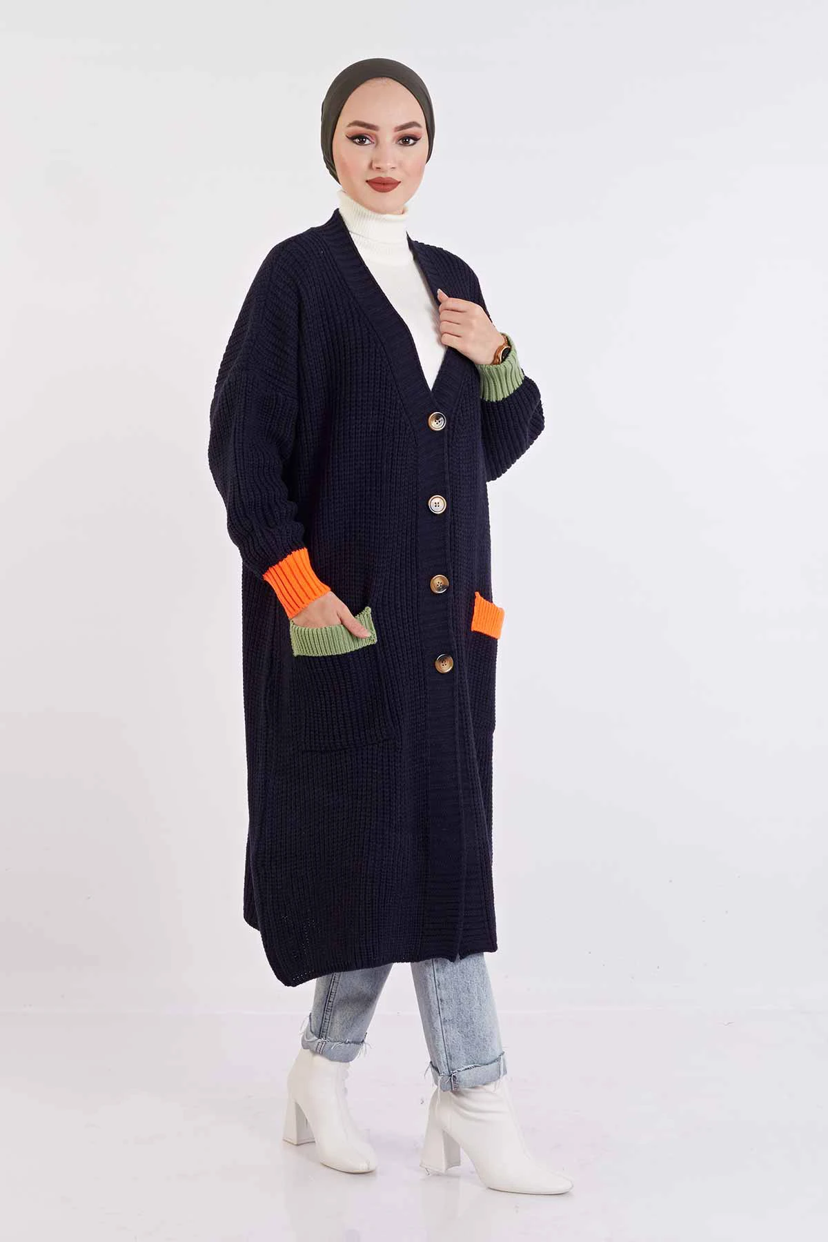 

Трикотажный кардиган на пуговицах темно-синий зимний осенний 2021 Стандартный головной платок исламский Турция