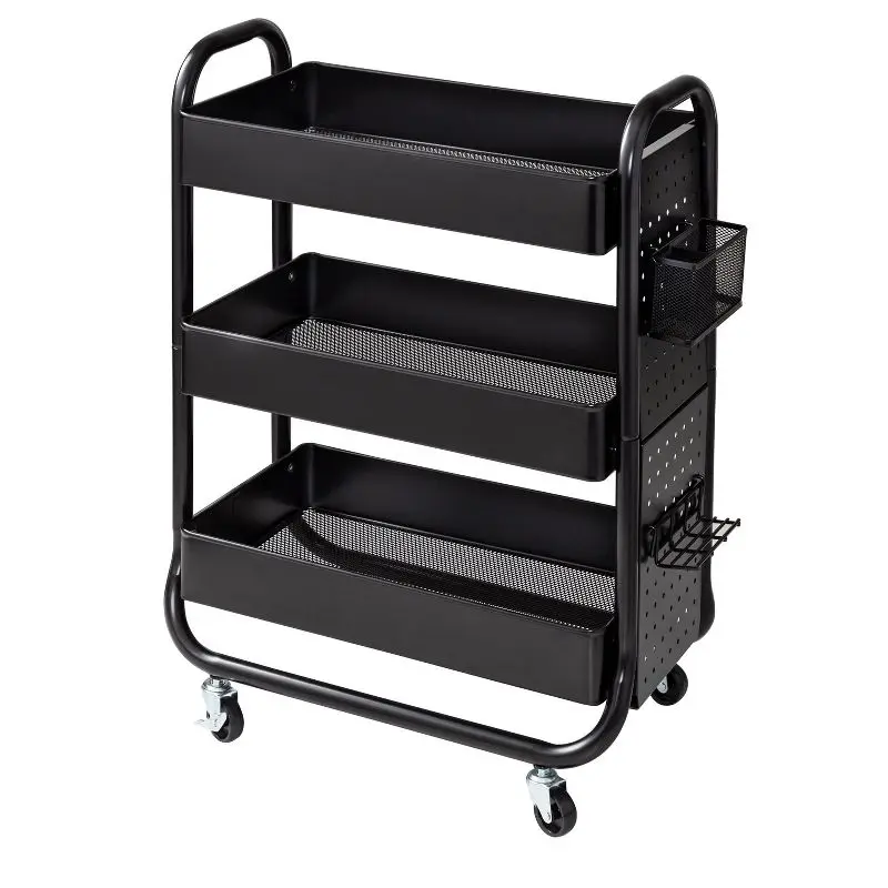 

Stylish Black 3-Tier Rolling Cart with Accessories for Convenient and Organized Mobility