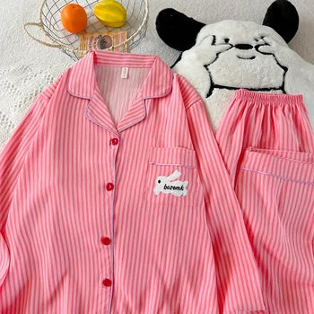 التطريز إلكتروني منامة مجموعة مخطط أرنب طباعة الخريف طويلة ملابس خاصة المنزل دعوى 2025 التلبيب الرقبة جديد 2 قطعة منامة المرأة 4