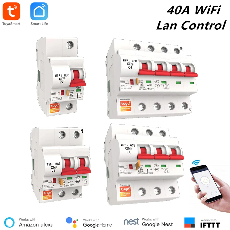 

Top Tuya 40A 1P/2P/3P/4P WiFi Smart Circuit Breaker Automatic Switch overload short circuit protection with Amazon Alexa Google