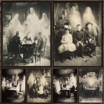 Fantasma al tavolo da pranzo Fotografia horror vintage Pittura su tela da parete, Vecchia foto raccapricciante, Decorazione con stampa di poster d'arte gotica